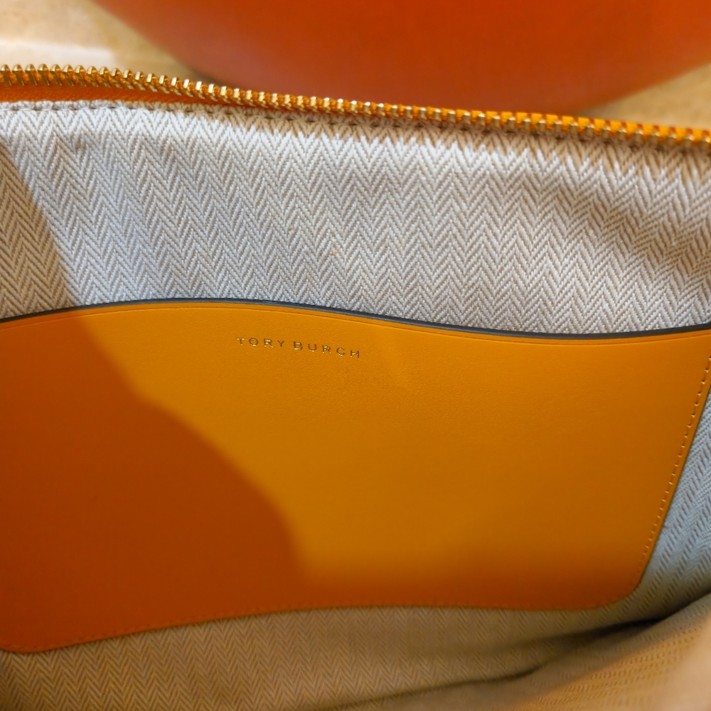 NWOT Tory Burch Orange Citrine T Monogram Embroidered Straw Clutch Purse - Picture 6 of 10